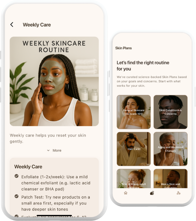 Skincentric App Interface showing weekly care and skin plans