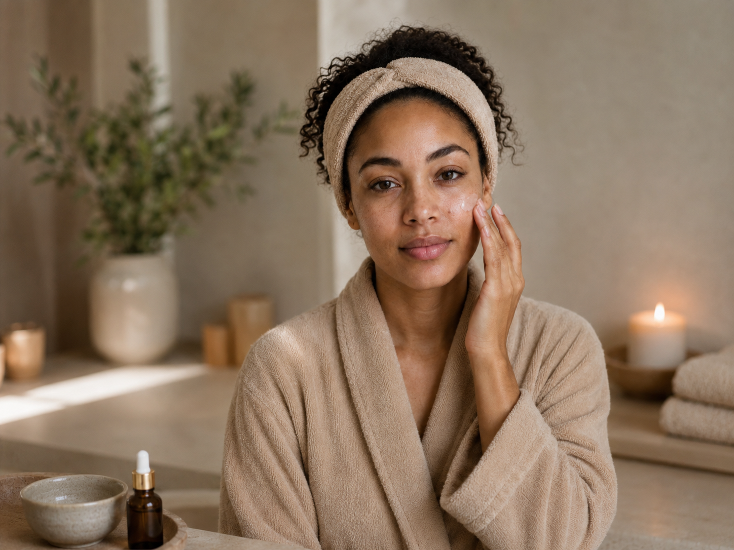Woman in a warm skincare setting shown inside a Skincentric scan capture preview.