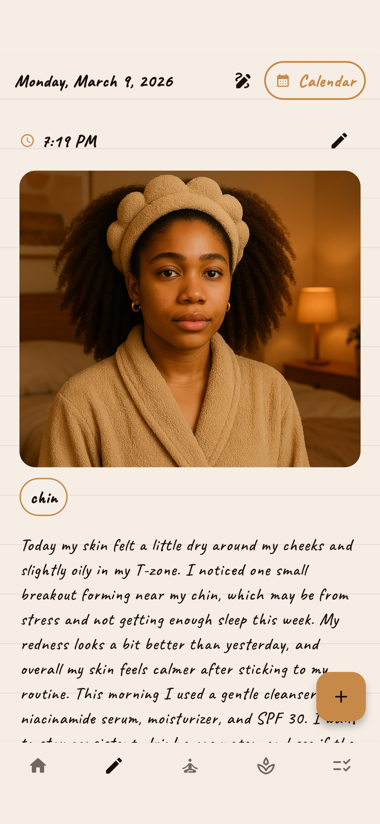 Skincentric journal screen showing a dated skin journal entry and routine reflection.